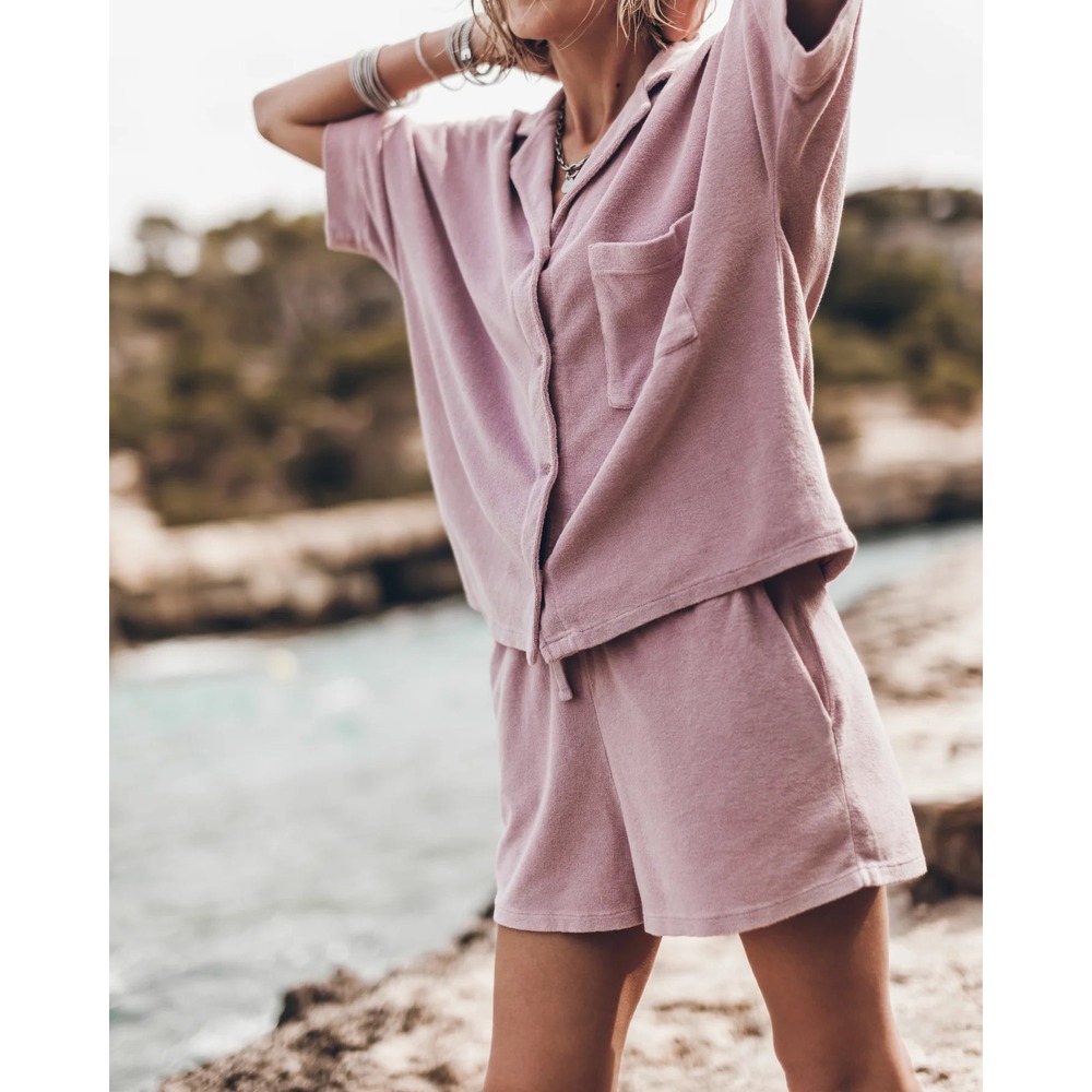 MIKUTA Terry Cloth Set Women M Pink Button Down Shirt Drawstring Shorts 12957